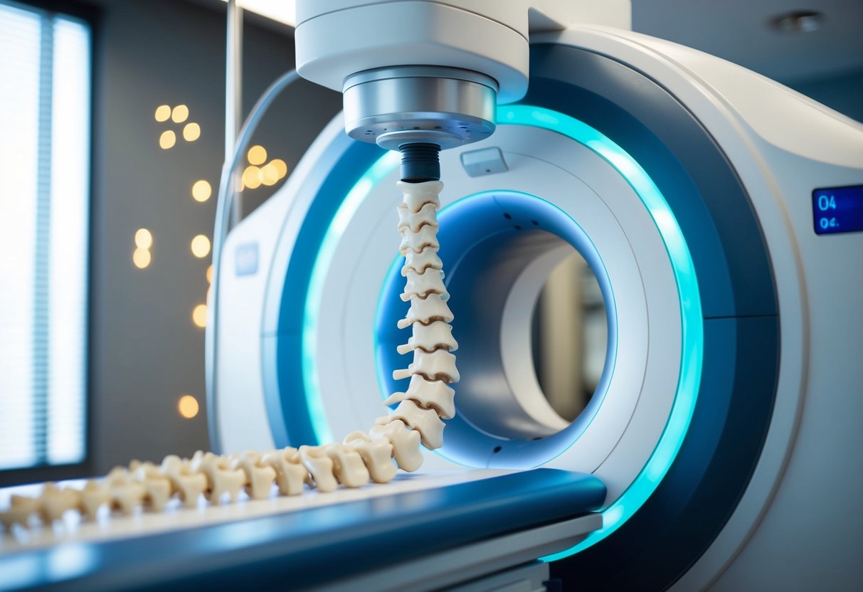 A medical imaging machine capturing a cross-sectional view of a spine with a bulging disc and facet hypertrophy