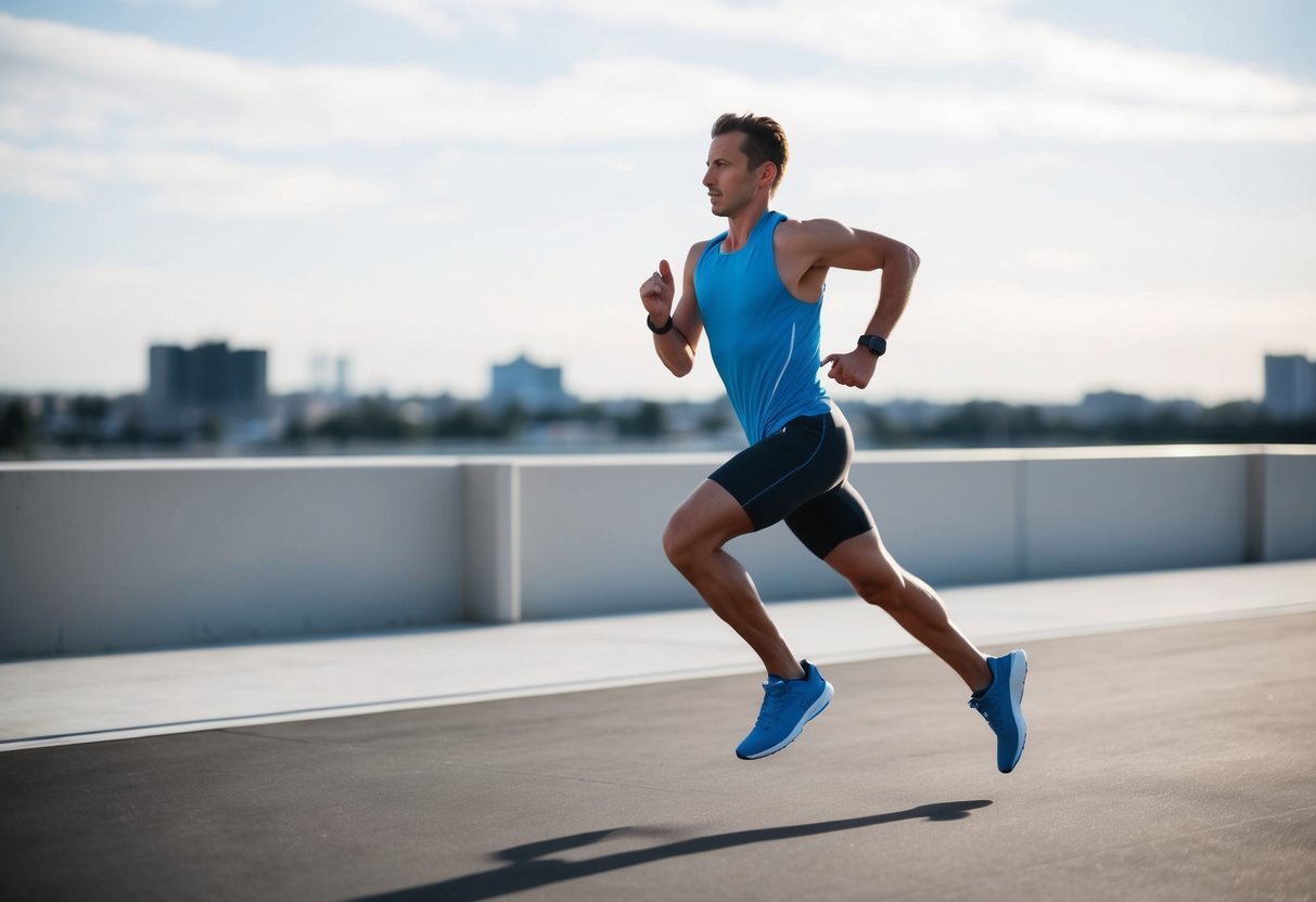 A runner with a bulging disc maintains proper form, with a straight back and relaxed shoulders, while running on a flat, even surface