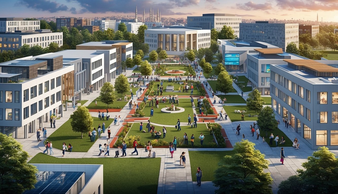 İstanbul'da, modern binalar ve yeşilliklerle çevrili, çeşitli akademik etkinliklerle meşgul öğrenciler ve öğretim üyeleriyle dolup taşan bir üniversite kampüsü.