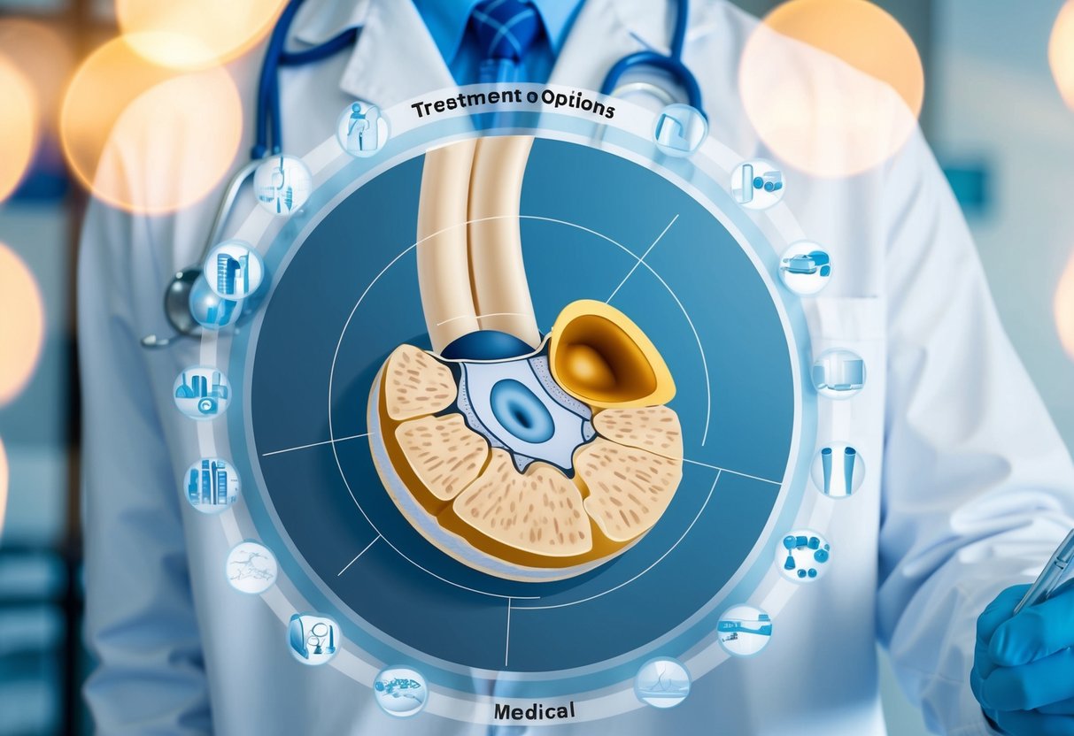 A medical diagram showing a cross-section of a spinal disc with a bulge and a tear, surrounded by various treatment options