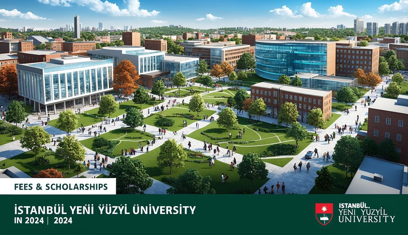 Öğrenciler, binalar ve yeşil alanlarla dolu hareketli bir üniversite kampüsü, 2024'te İstanbul Yeni Yüzyıl Üniversitesi için ücretler ve burslar üzerine odaklanıyor.