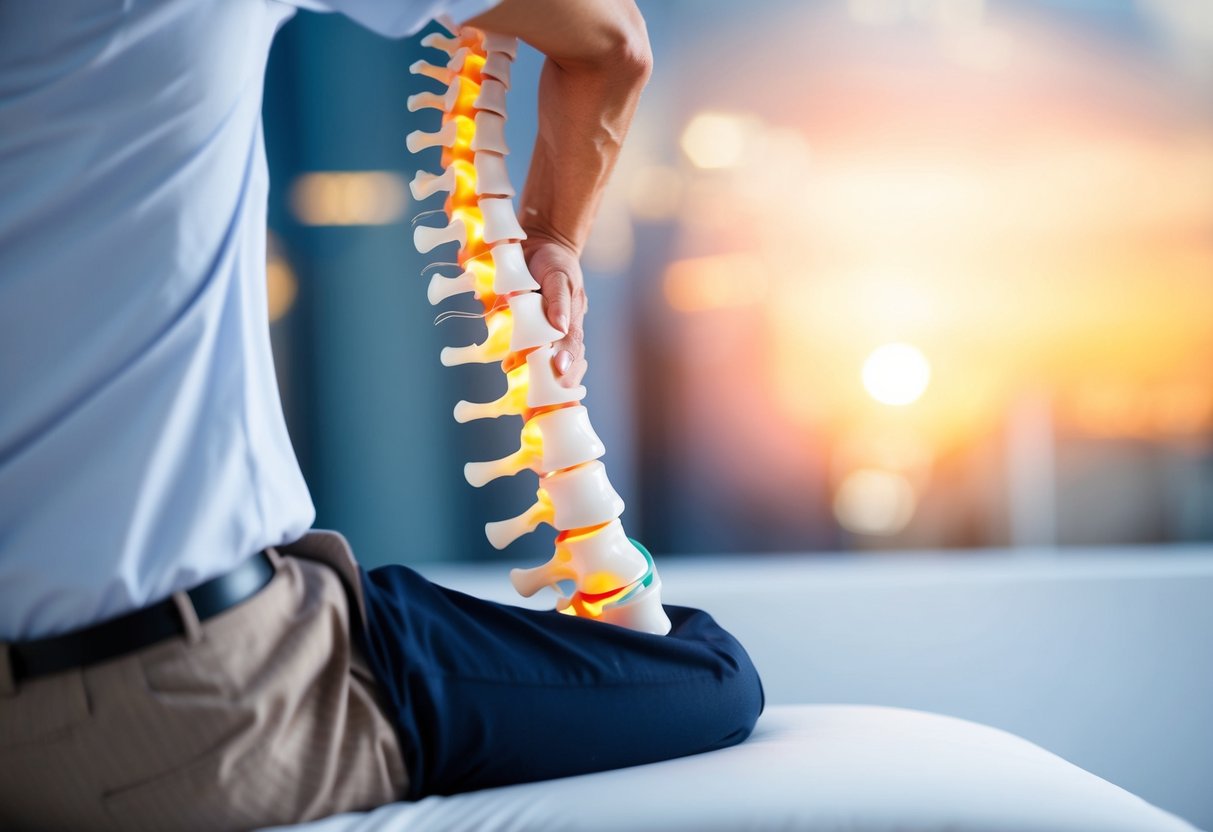 A spinal column with a bulging disc causing leg pain