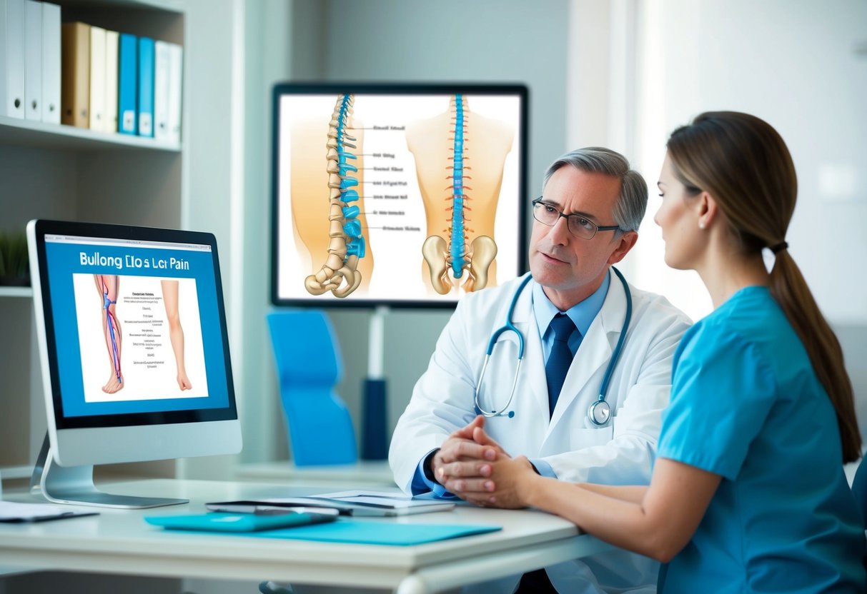 A medical office with a doctor discussing treatment options for a bulging disc and leg pain with a patient. A diagram of the spine and leg anatomy is displayed on a computer screen