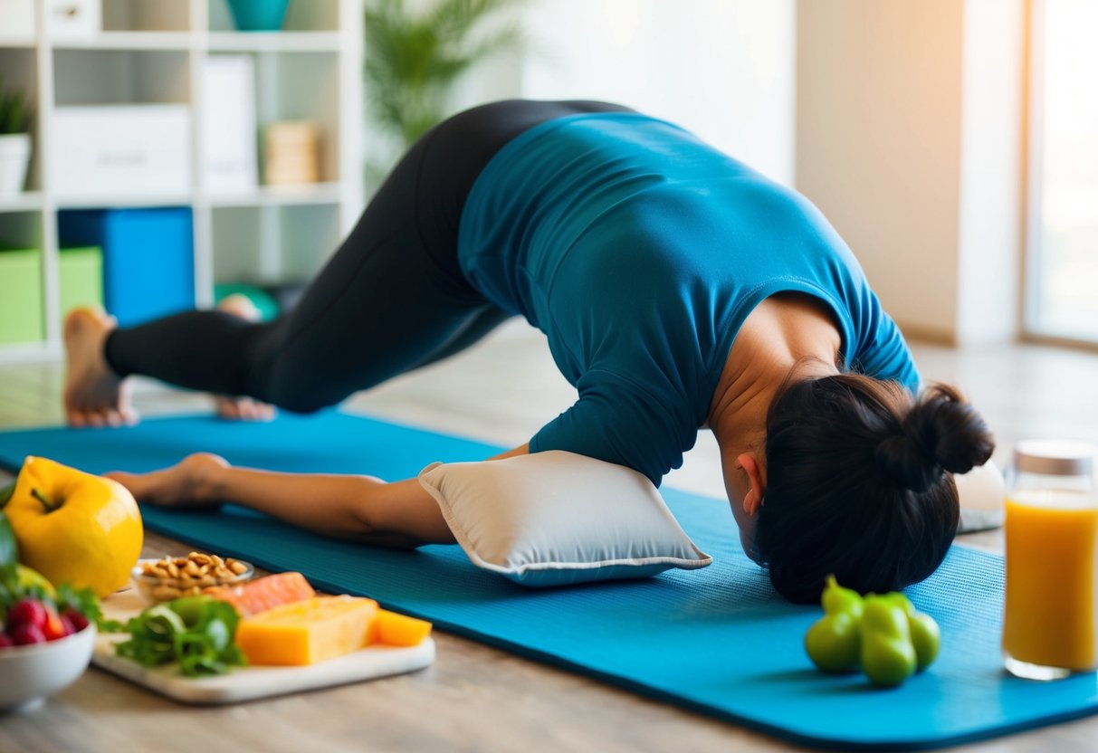 A person stretching on a yoga mat with a heating pad on their lower back, surrounded by healthy food and exercise equipment