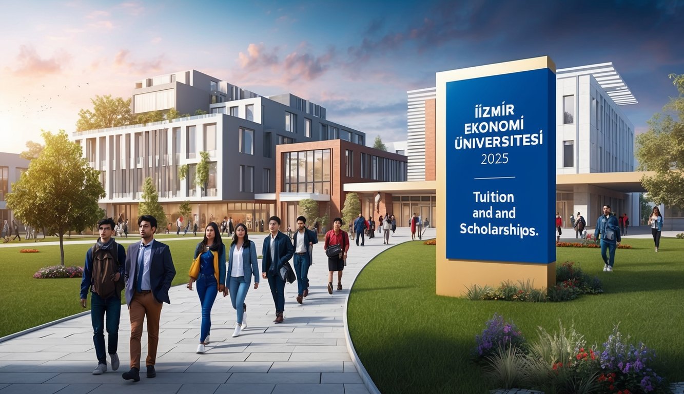 Modern binalar ve yeşil alanlarla dolu, öğrencilerin derse yürüdüğü ve "İzmir Ekonomi Üniversitesi 2025 Harç ve Burslar" yazılı belirgin bir tabelanın bulunduğu hareketli bir kampüs.