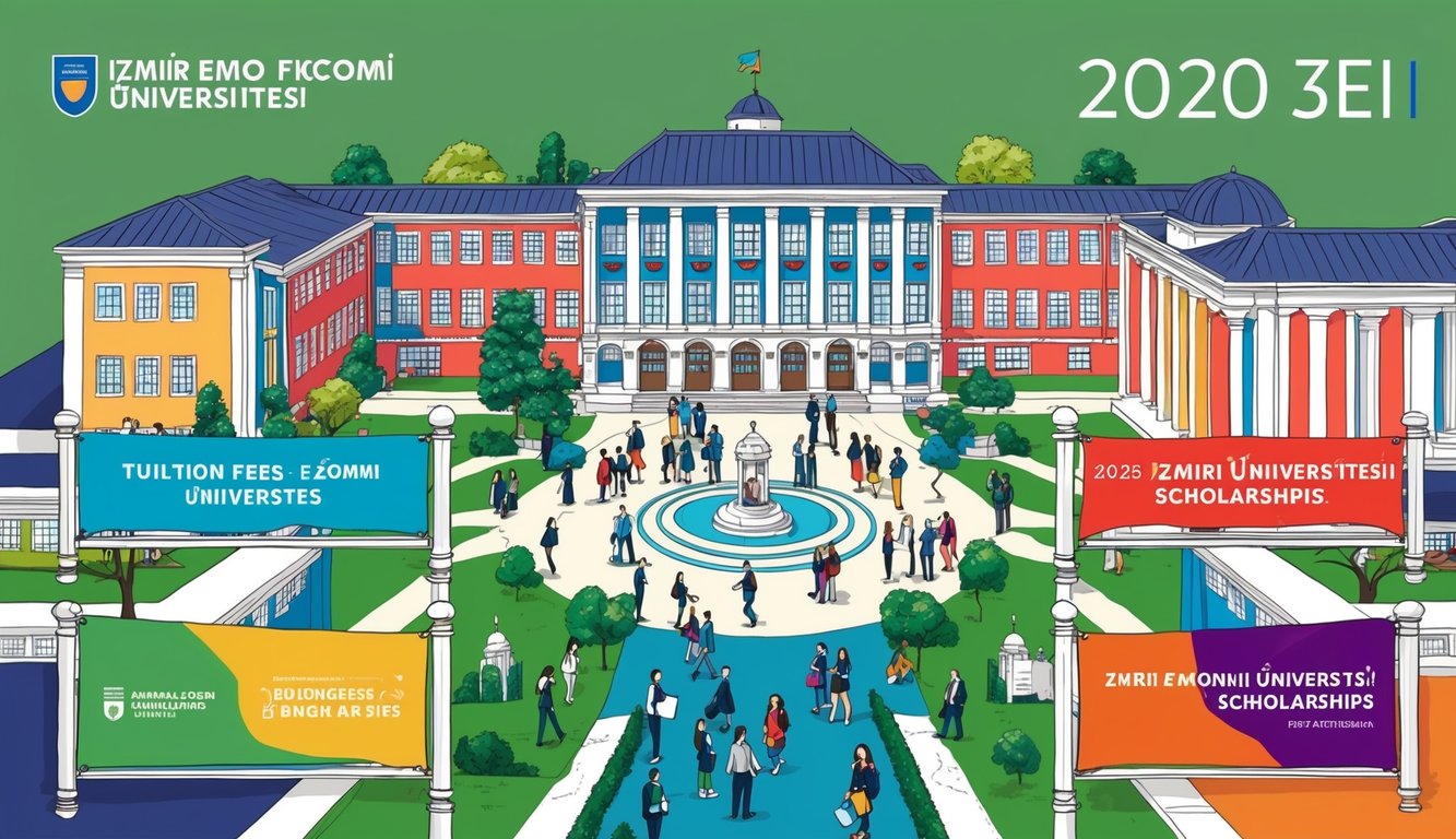 2025 yılında İzmir Ekonomi Üniversitesi için öğrenim ücretleri ve burslar hakkında bilgi veren afişler ve tabelalarla birlikte, öğrenciler, binalar ve merkezi bir avluya sahip renkli bir kampüs.