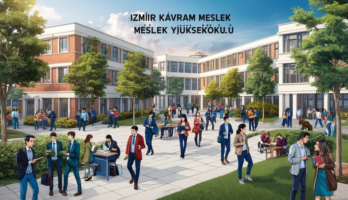 İzmir Kavram Meslek Yüksekokulu'nda, öğrencilerin ve personelin çeşitli akademik ve sosyal etkinliklerle meşgul olduğu hareketli bir kampüs.