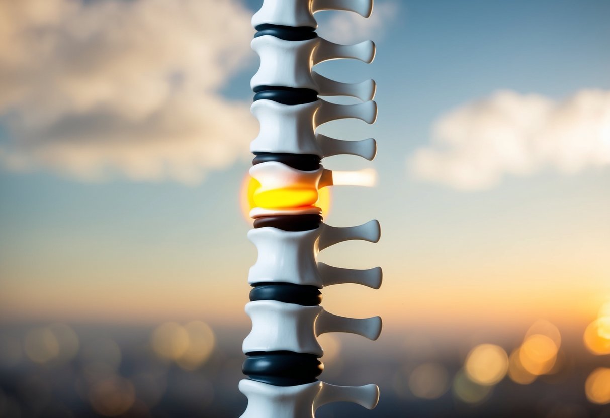 A spinal column with a bulging disc on one side and a herniated disc on the other, showing the differences in size and position