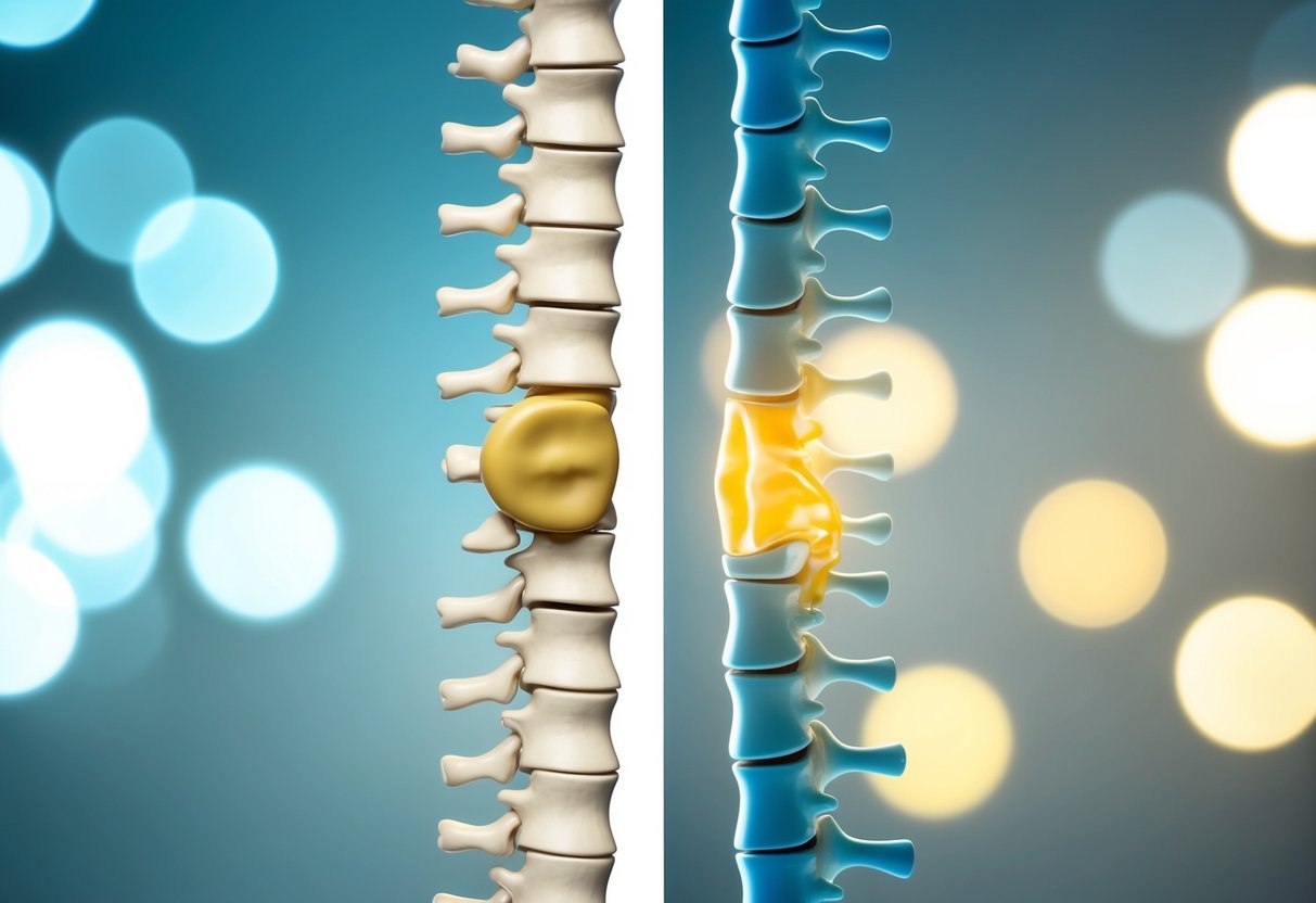 A spinal column with a bulging disc and a herniated disc, showing the difference in the protrusion and location of the two conditions