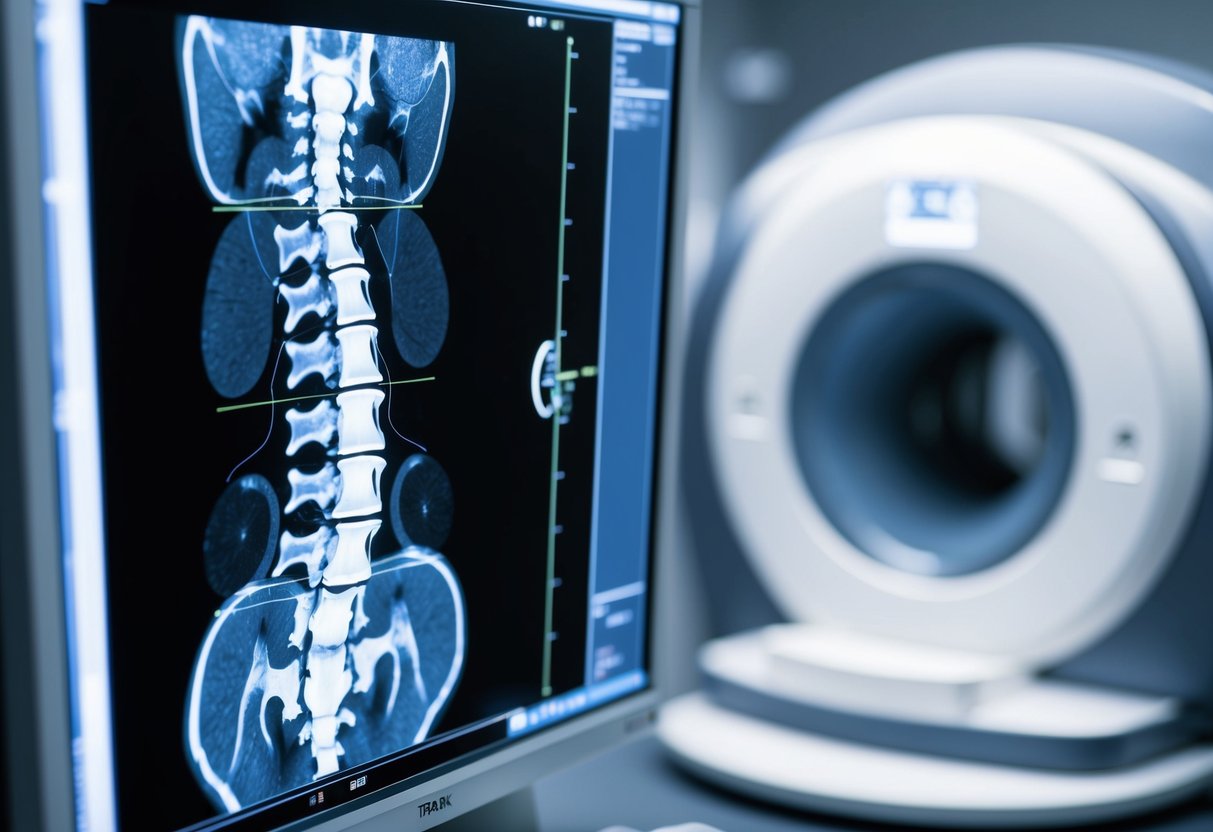 A detailed MRI scan showing the anatomy of the spine with a focus on the intervertebral discs, specifically comparing a bulging disc to a herniated disc