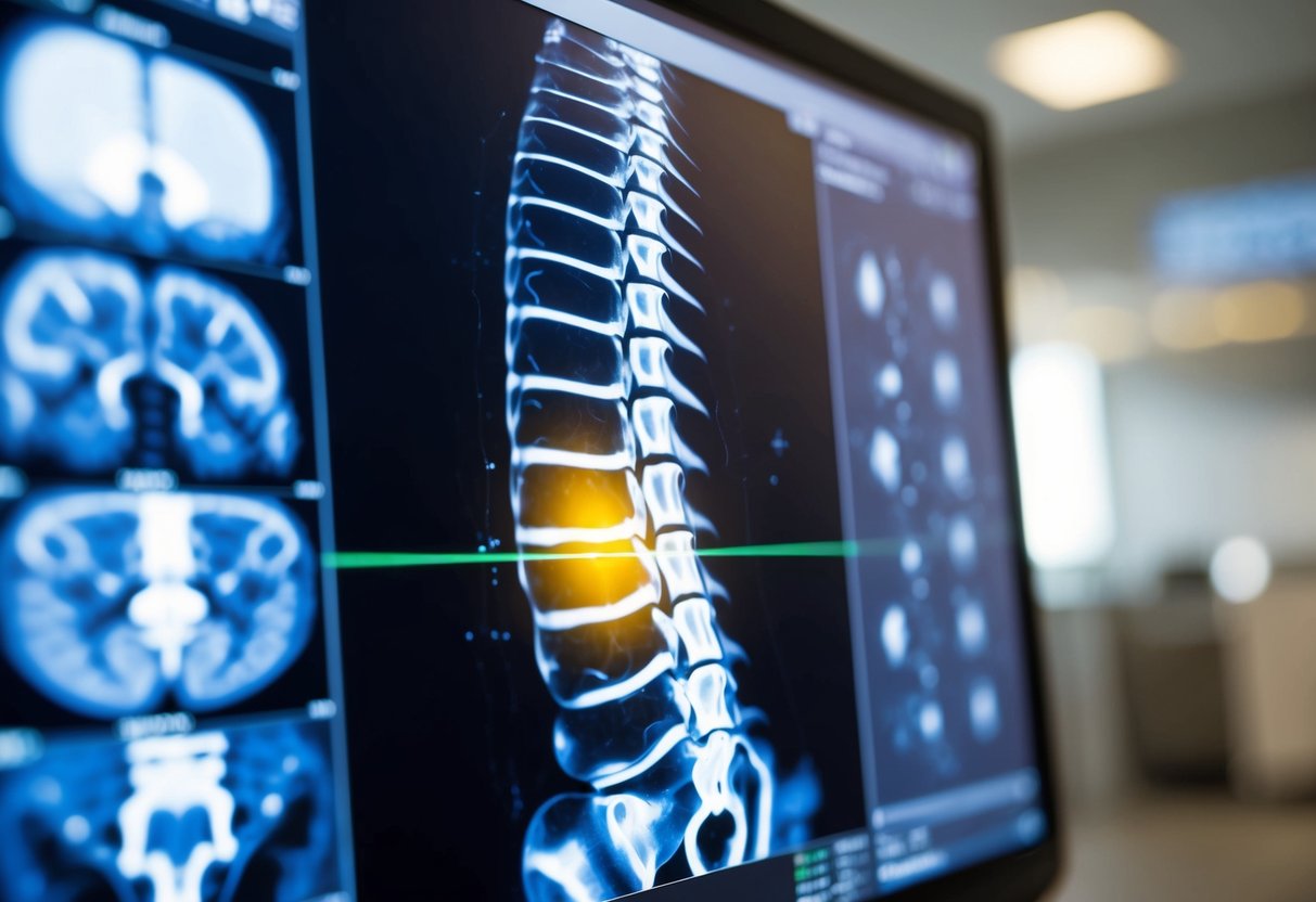 A detailed MRI scan of the spinal column with a clear view of the herniated disc and surrounding tissues