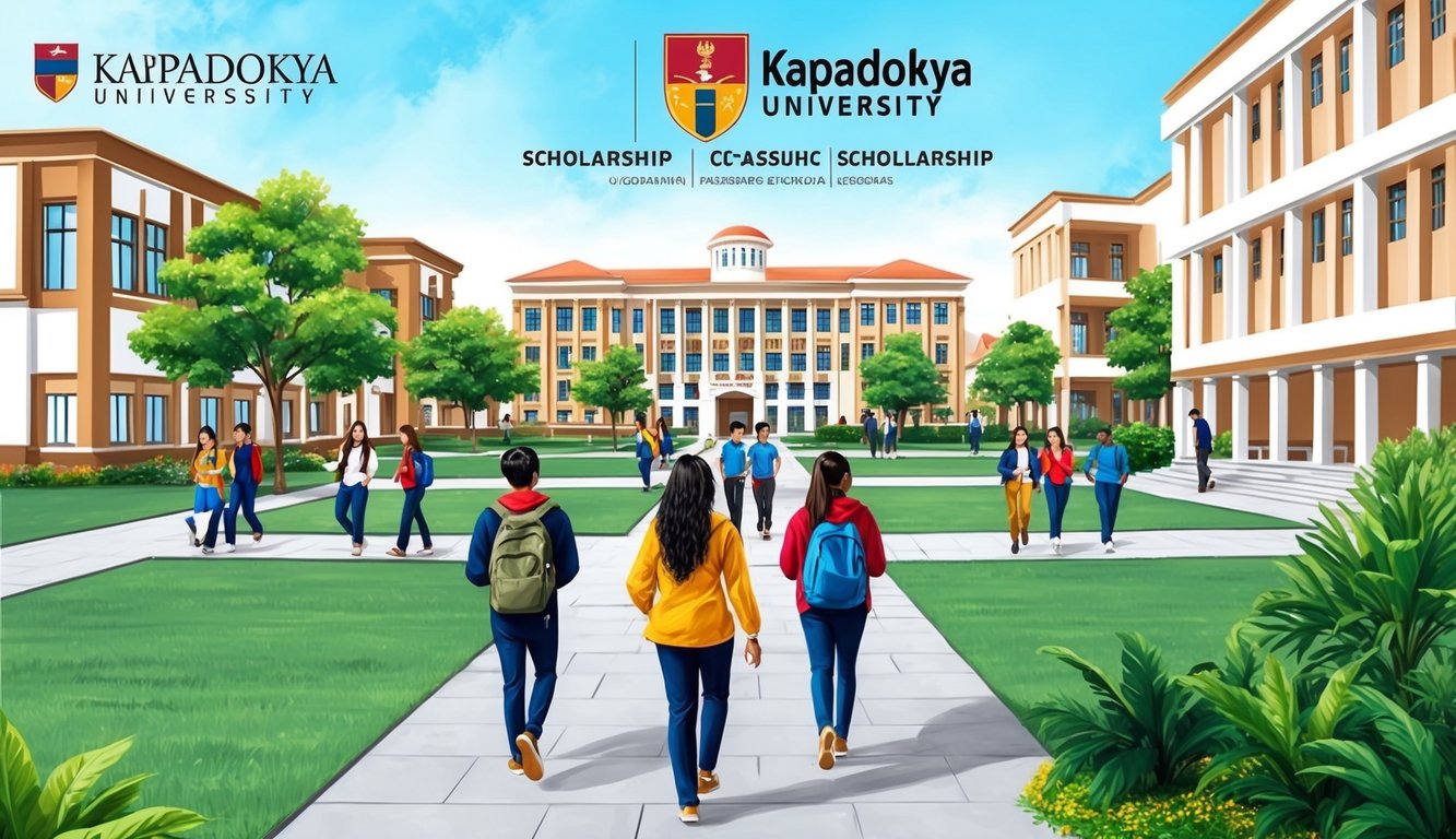 Sahne, çeşitli akademik binalar ve dersler arasında yürüyen öğrencilerle Kapadokya Üniversitesi kampüsünü gösteriyor. Üniversitenin logosu ve burs bilgileri belirgin bir şekilde sergileniyor.