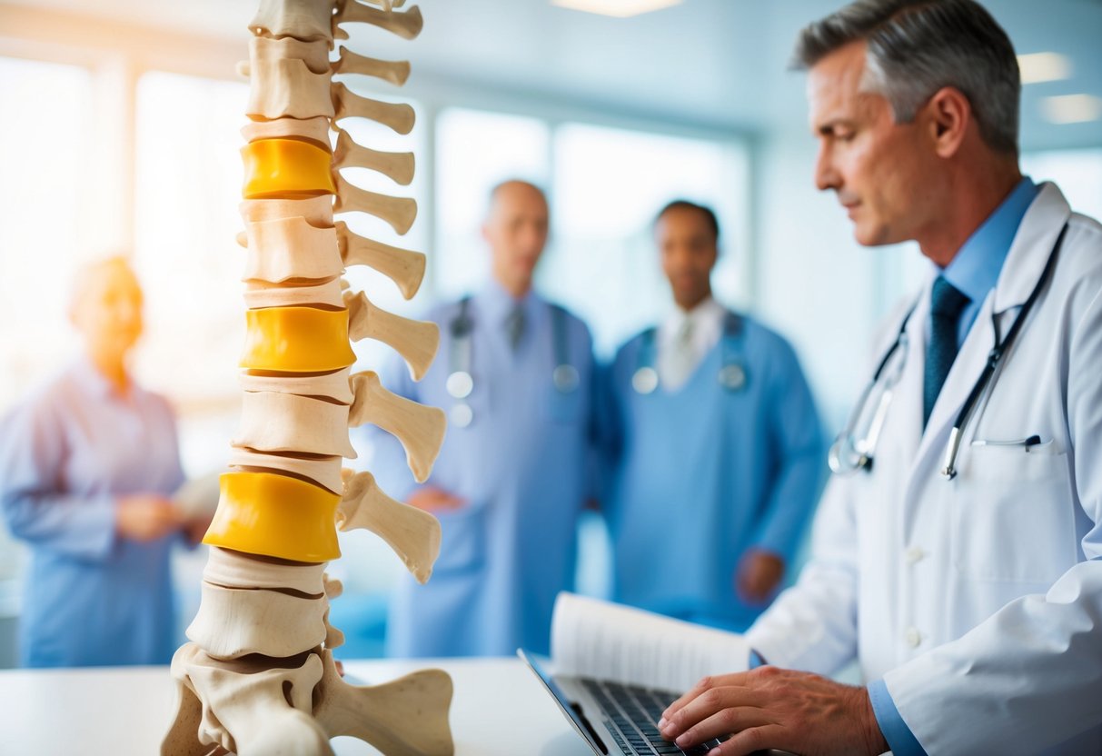 A cross-section of the spine with a clear view of the intervertebral discs, showing the difference between a bulging disc and a slipped disc