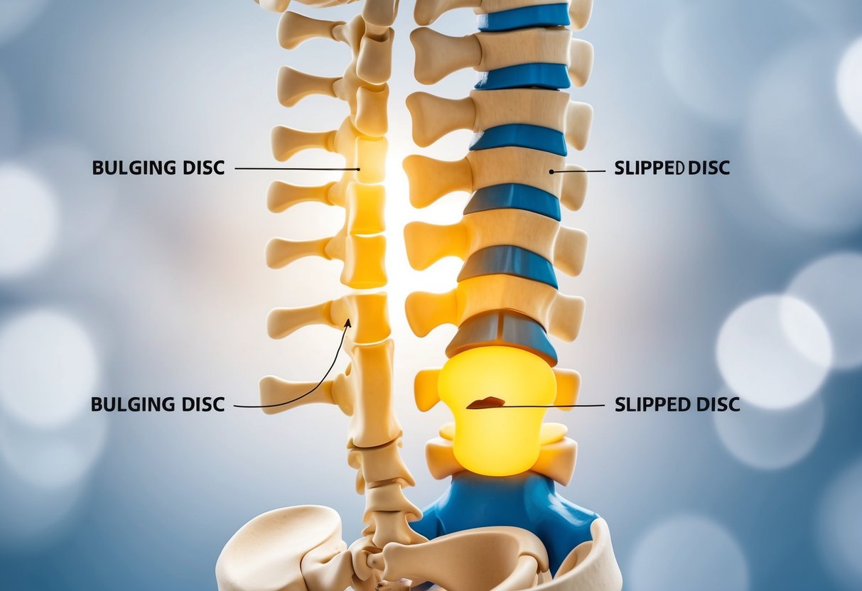 A cross-section of the spine with a bulging disc and a slipped disc highlighted, showing the differences in the causes of each condition