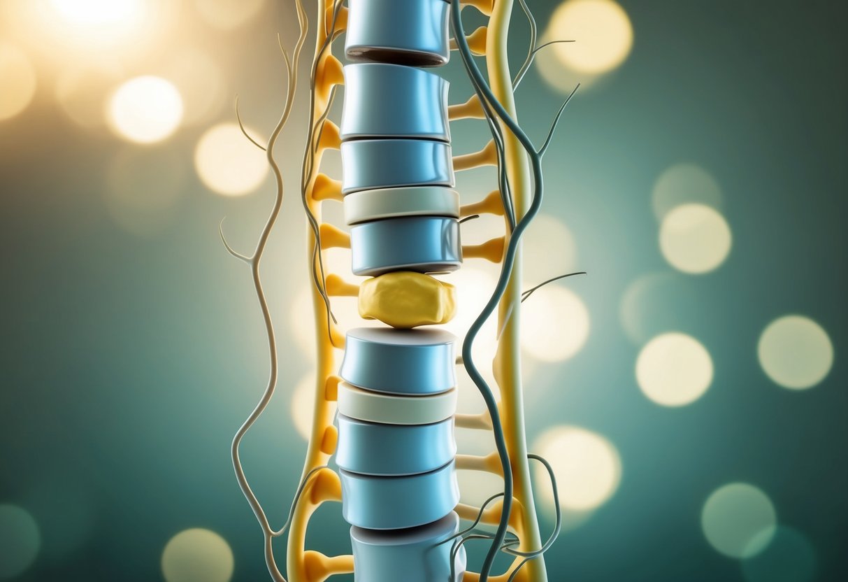 A spinal column with two discs, one bulging and the other slipped, surrounded by nerves and tissue