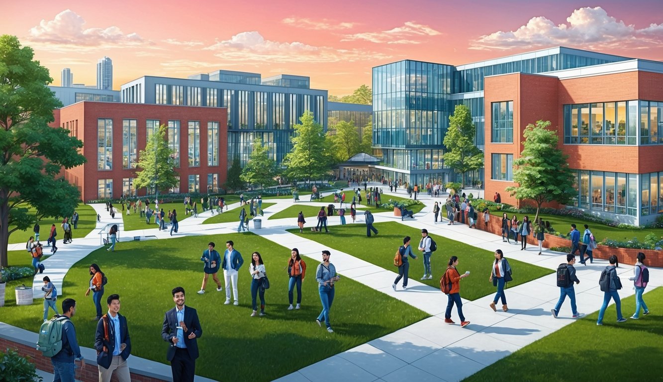 2025'te Koç Üniversitesi'nin çeşitliliğini ve enerjisini sergileyen, öğrenciler, binalar ve yeşilliklerle dolu canlı bir kampüs.