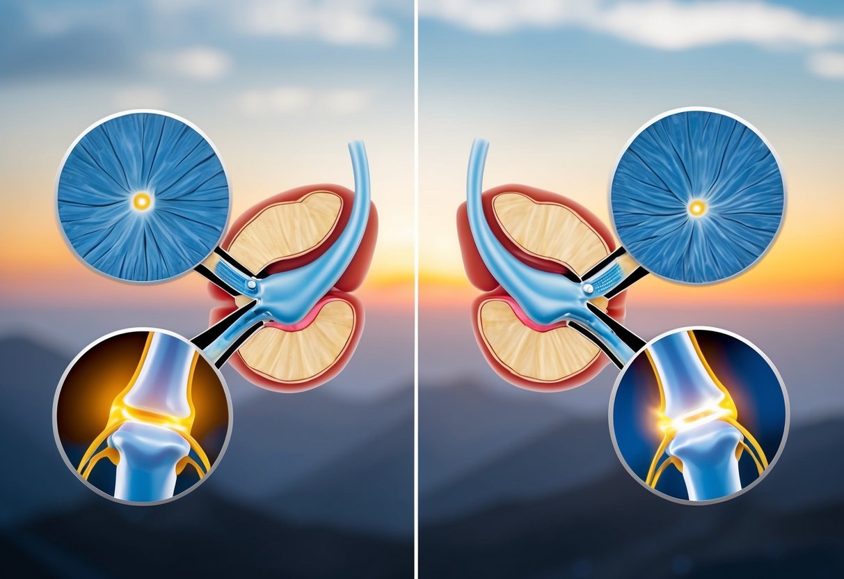 A side-by-side comparison of a bulging disc and a pinched nerve, with labeled diagrams and magnified views for detail