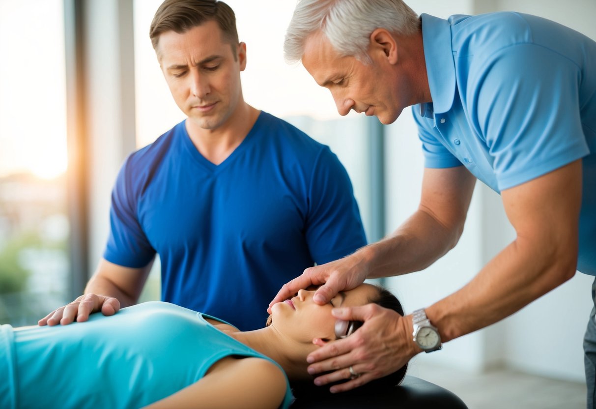 A person receiving physical therapy for a bulging disc, while another person receives chiropractic treatment for a pinched nerve