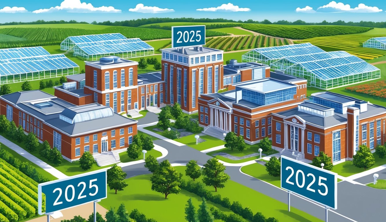 Mühendislik ve mimarlık binalarıyla dolup taşan bir üniversite kampüsü, tarım arazileri ve seralarla çevrili. 2025 için burs ve öğrenim ücreti tabelaları belirgin bir şekilde sergileniyor.
