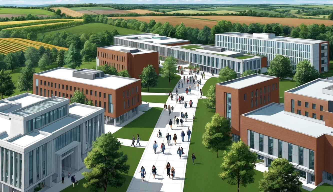 Modern binalar arasında yürüyen öğrencilerle dolup taşan bir üniversite kampüsü, yeşillik ve tarım arazileriyle çevrili.