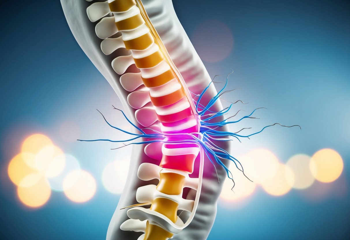 A spinal disc bulging outward, pressing on surrounding nerves, causing pain and discomfort