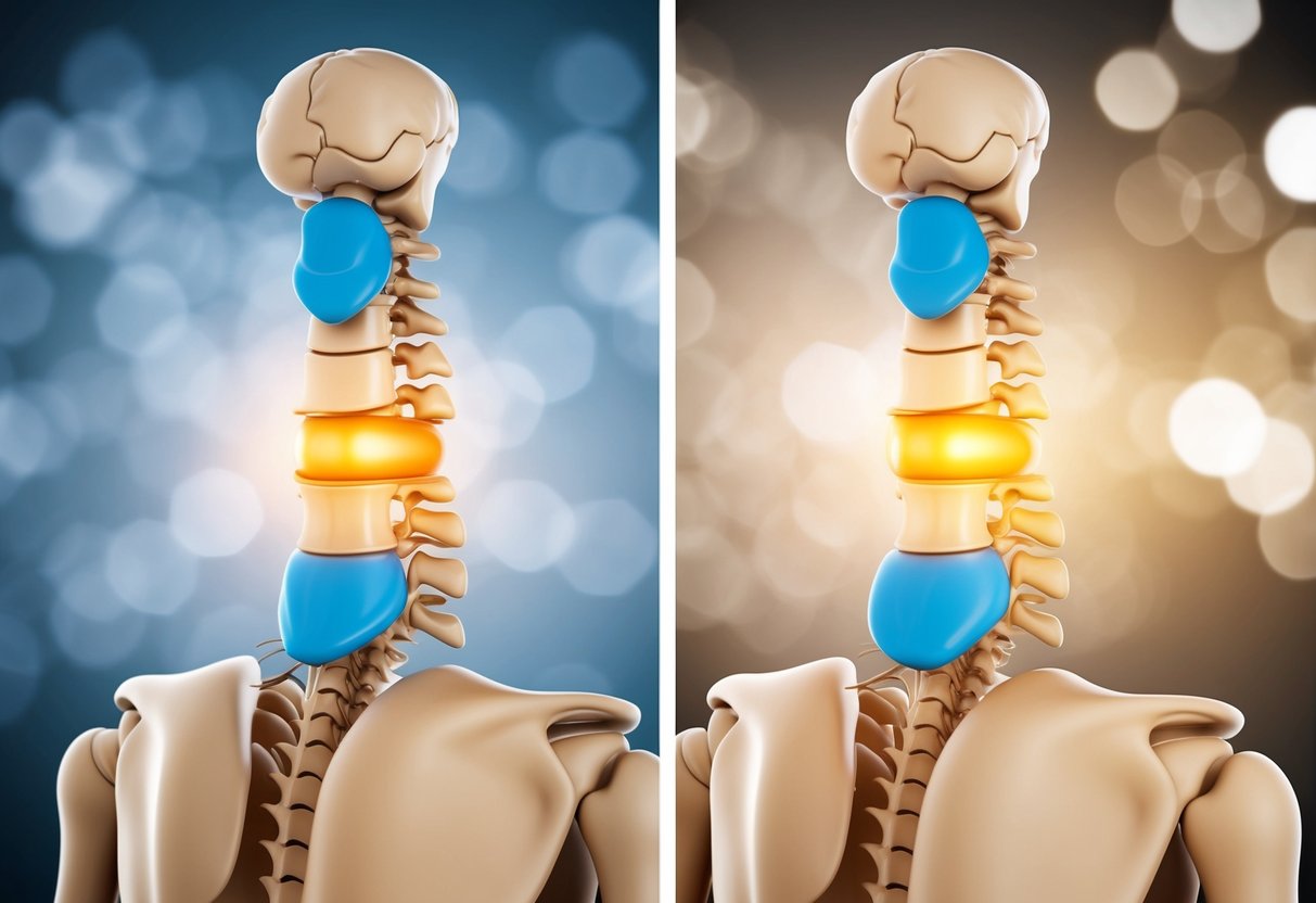 A side-by-side comparison of two spines, one with a bulging disc and one with a herniated disc, showing the differences in symptoms