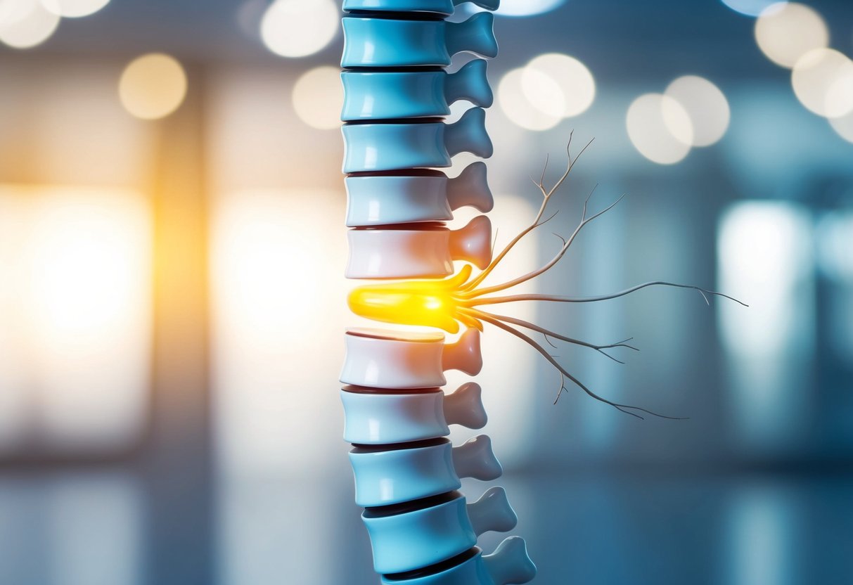 A cross-section of a spinal column with a bulging disc pressing against a nerve, causing pain and discomfort