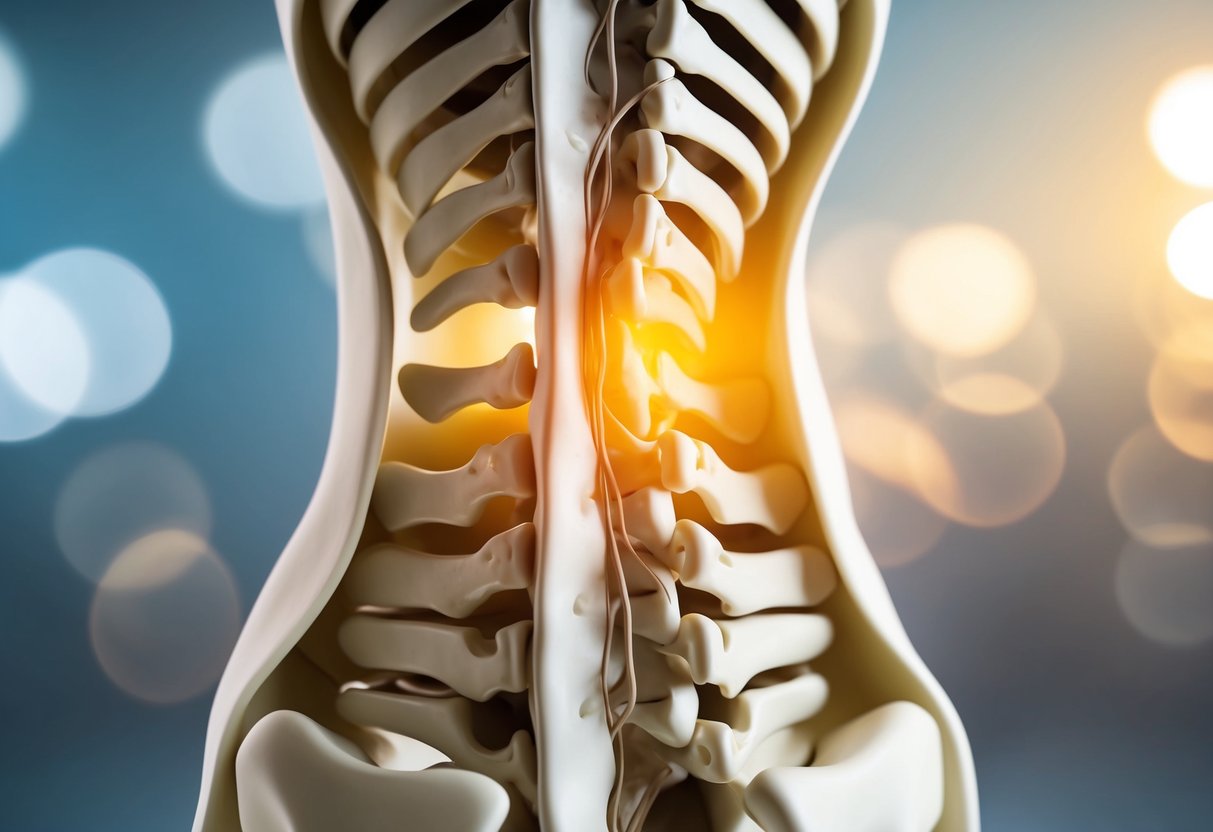 A cross-section of a spinal column showing a bulging disc pressing on the sciatic nerve, causing pain and inflammation