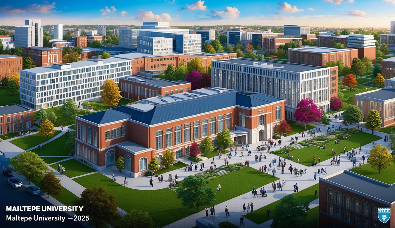 2025 yılında Maltepe Üniversitesi'ndeki çeşitli ve canlı akademik ortamı sergileyen, öğrenciler, binalar ve yeşil alanlarla dolu bir üniversite kampüsü.