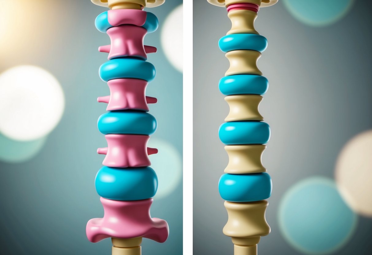 A side-by-side comparison of a healthy spinal disc and a bulging or degenerative disc, showing the differences in structure and positioning within the spine