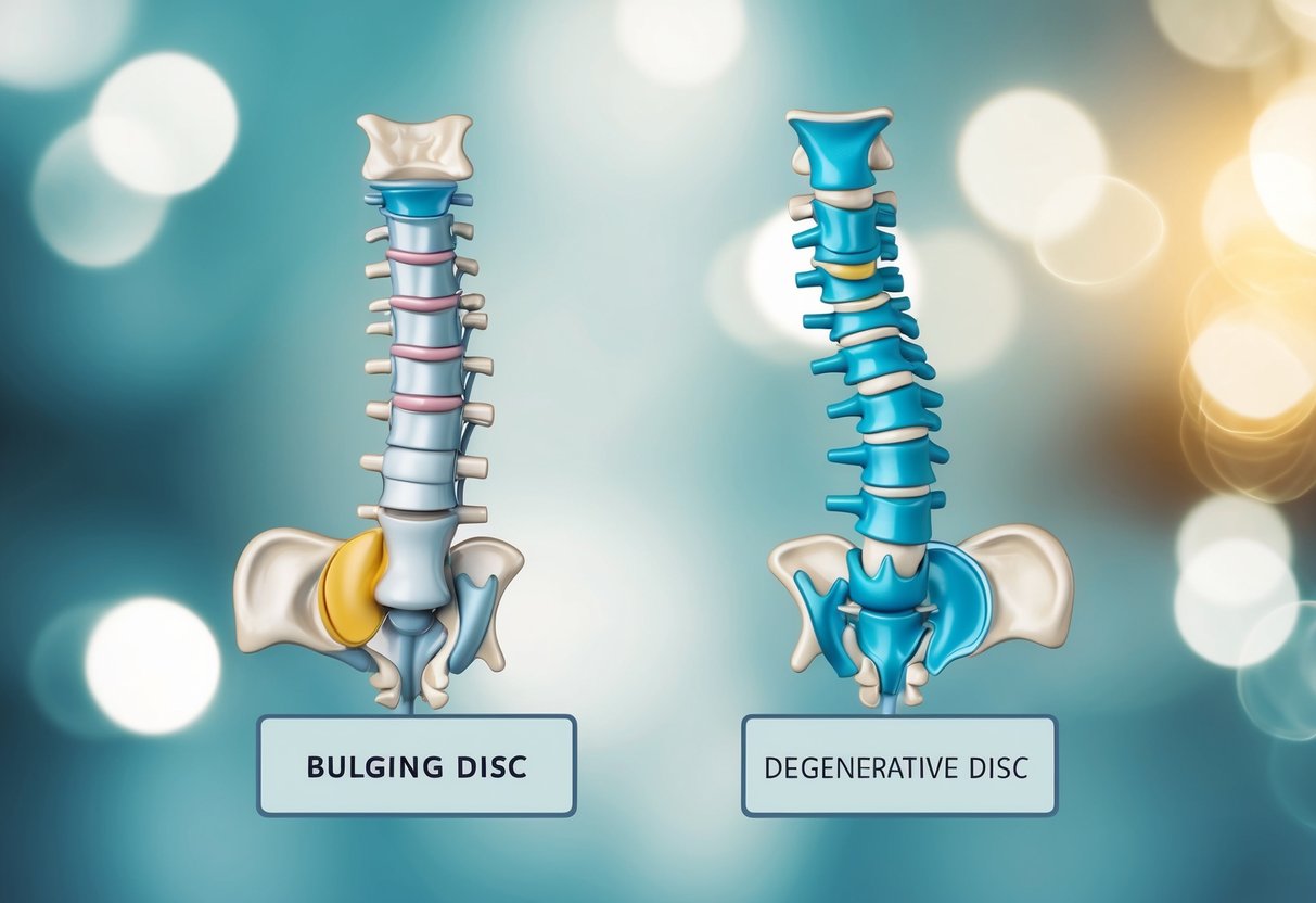 A medical diagram showing a comparison between a bulging disc and a degenerative disc, with clear labels and detailed illustrations of the spine