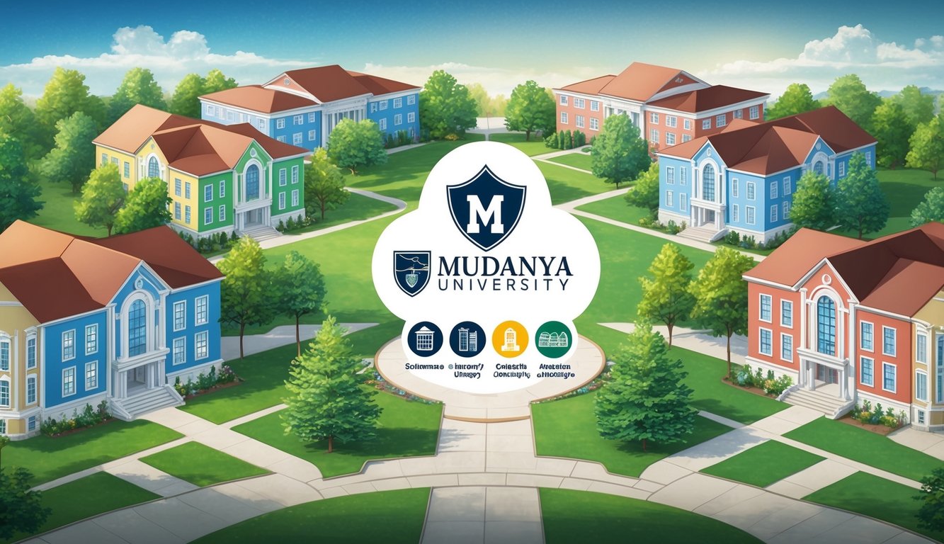 Renkli binalar ve yeşil alanlarla dolu huzurlu bir kampüs, Mudanya Üniversitesi logosunu ve çeşitli burs fırsatlarının sembollerini sergiliyor.