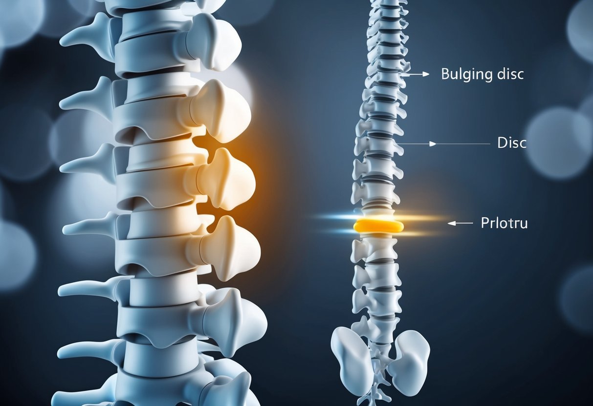 A detailed illustration of the spinal column, highlighting the differences between a bulging disc and a protruding disc