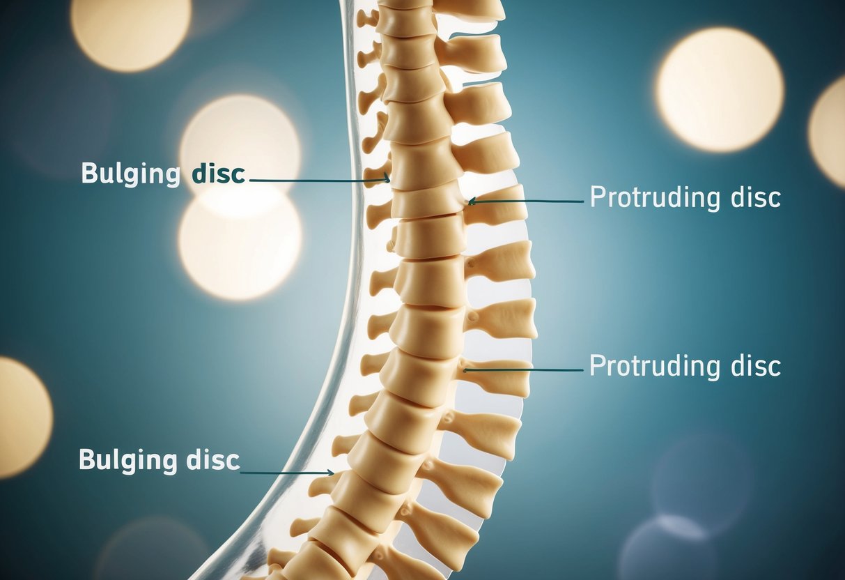 A cross-section of a spine showing the difference between a bulging disc and a protruding disc, with clear labels and arrows indicating the causes and risk factors