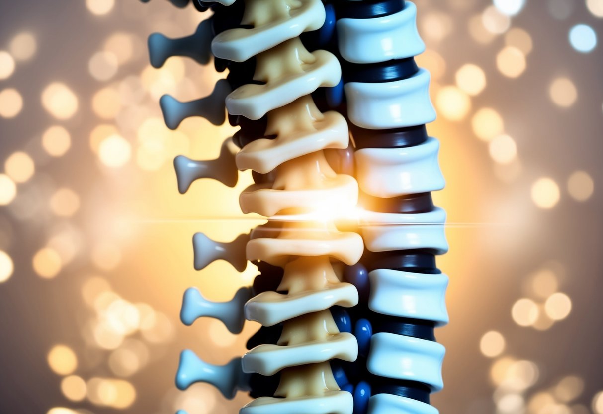 A cross-section of a spine with a bulging disc pressing on the spinal cord