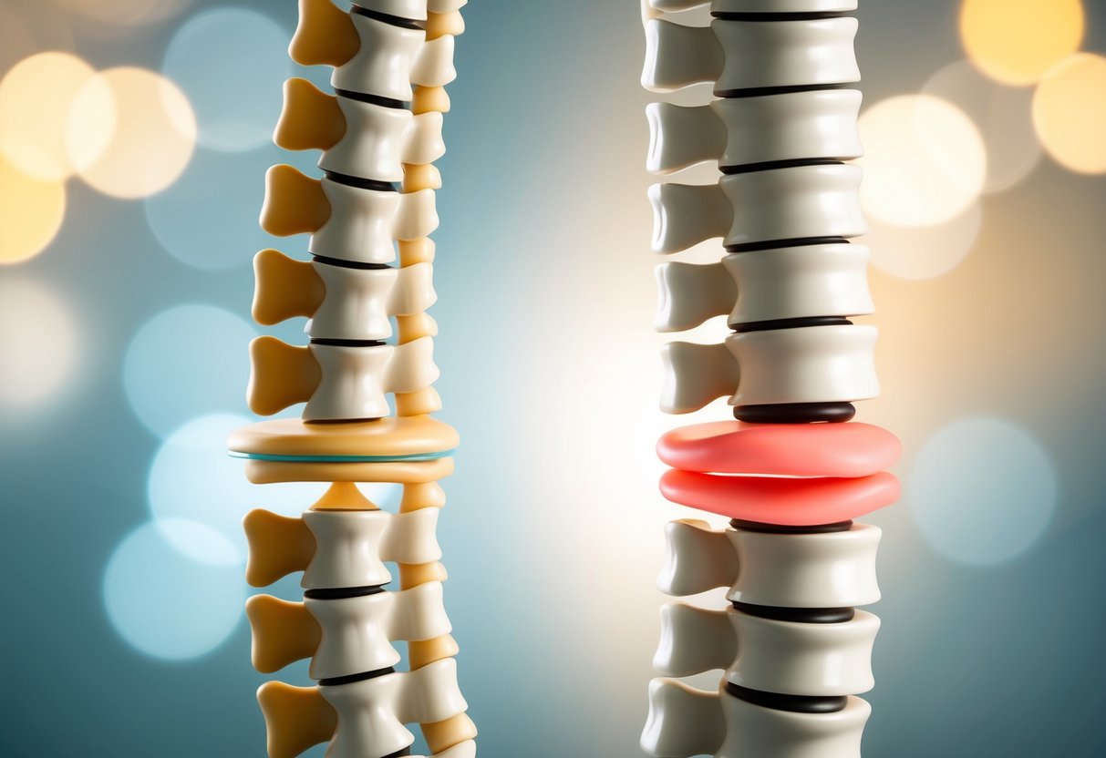 A spinal column with a bulging disc and a herniated disk side by side, showing the differences in the structure and location of the two conditions