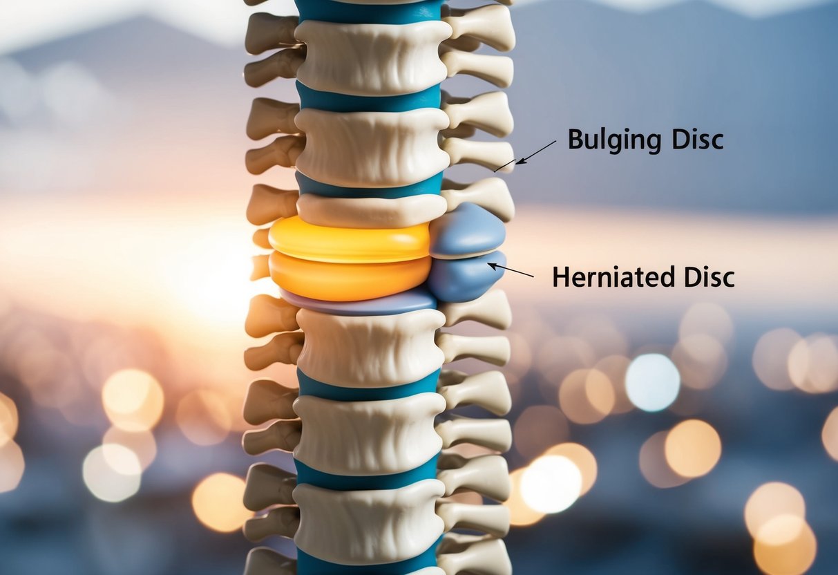 A spinal column with one section showing a bulging disc and another section showing a herniated disc, with arrows pointing to each