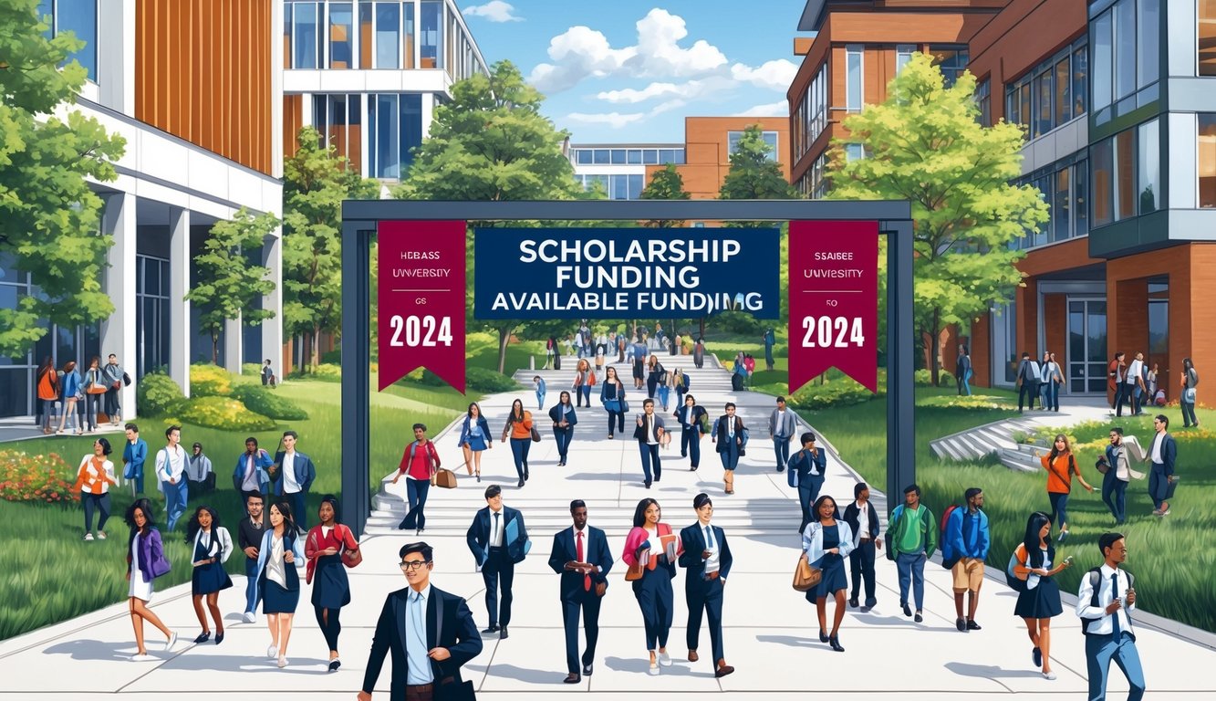 Öğrenciler ve öğretim üyeleriyle dolup taşan bir üniversite kampüsü, modern binalar ve yeşil alanlarla çevrili. 2024 yılı için mevcut fonları belirten burs afişleri girişte süsleniyor.