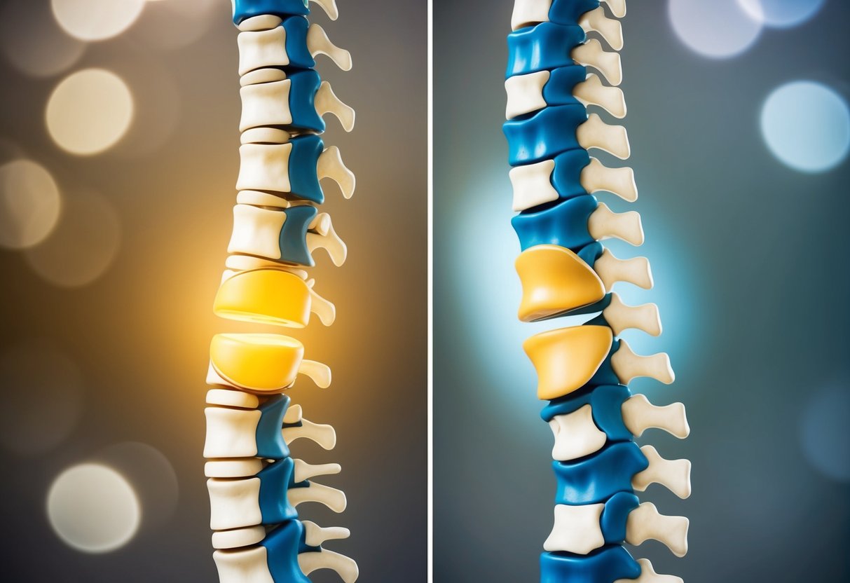 A spine with a bulging disc and a herniated disk side by side, showing the difference in protrusion and location within the spinal column