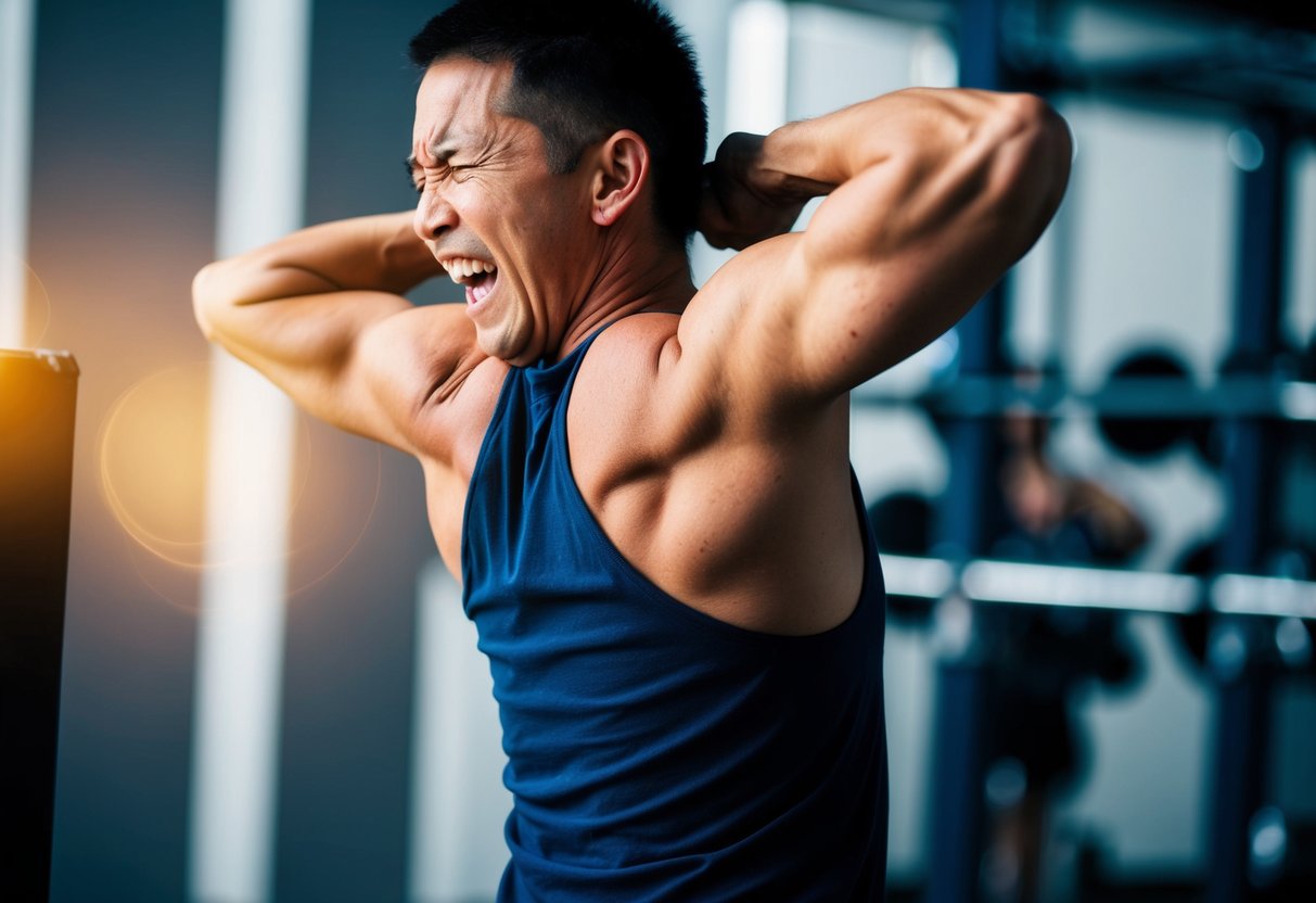 A person lifting a heavy object, grimacing in pain. One side of their back appears swollen, while the other side shows signs of muscle strain