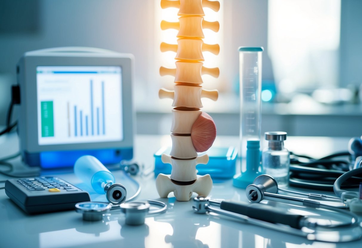 A spinal column with a bulging disc and a strained muscle, surrounded by diagnostic tools and medical equipment