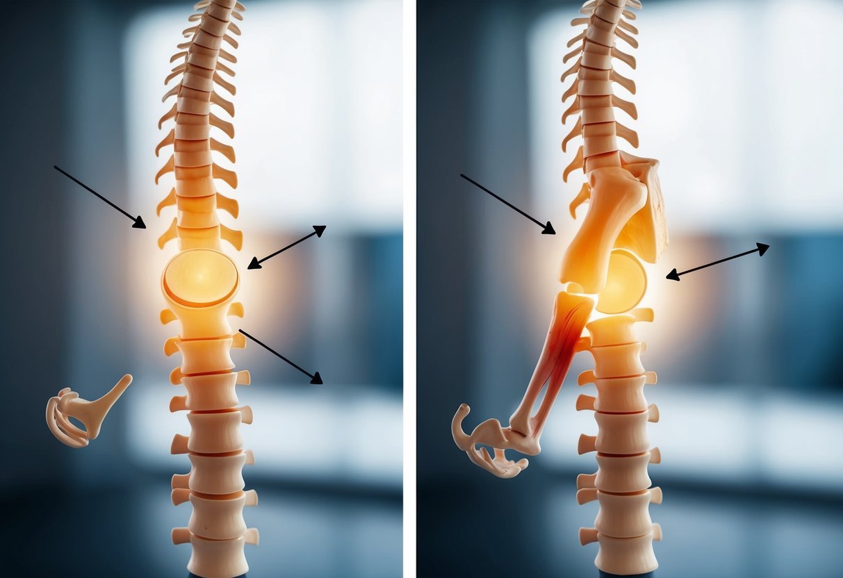 A spinal column with a bulging disc and a pulled muscle, side by side, with arrows pointing to each one