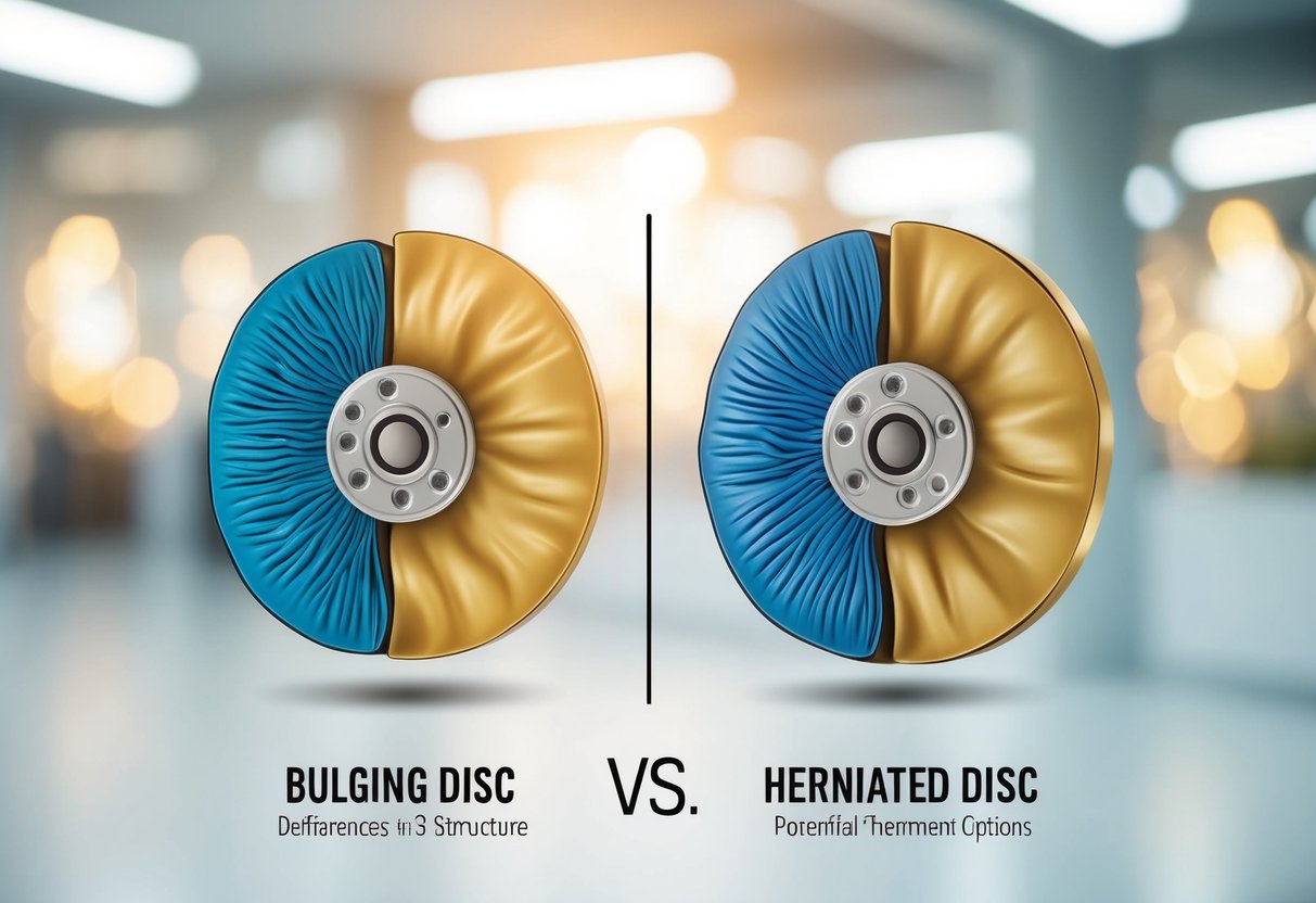 A side-by-side comparison of a bulging disc and a herniated disc, showing the differences in structure and potential treatment options