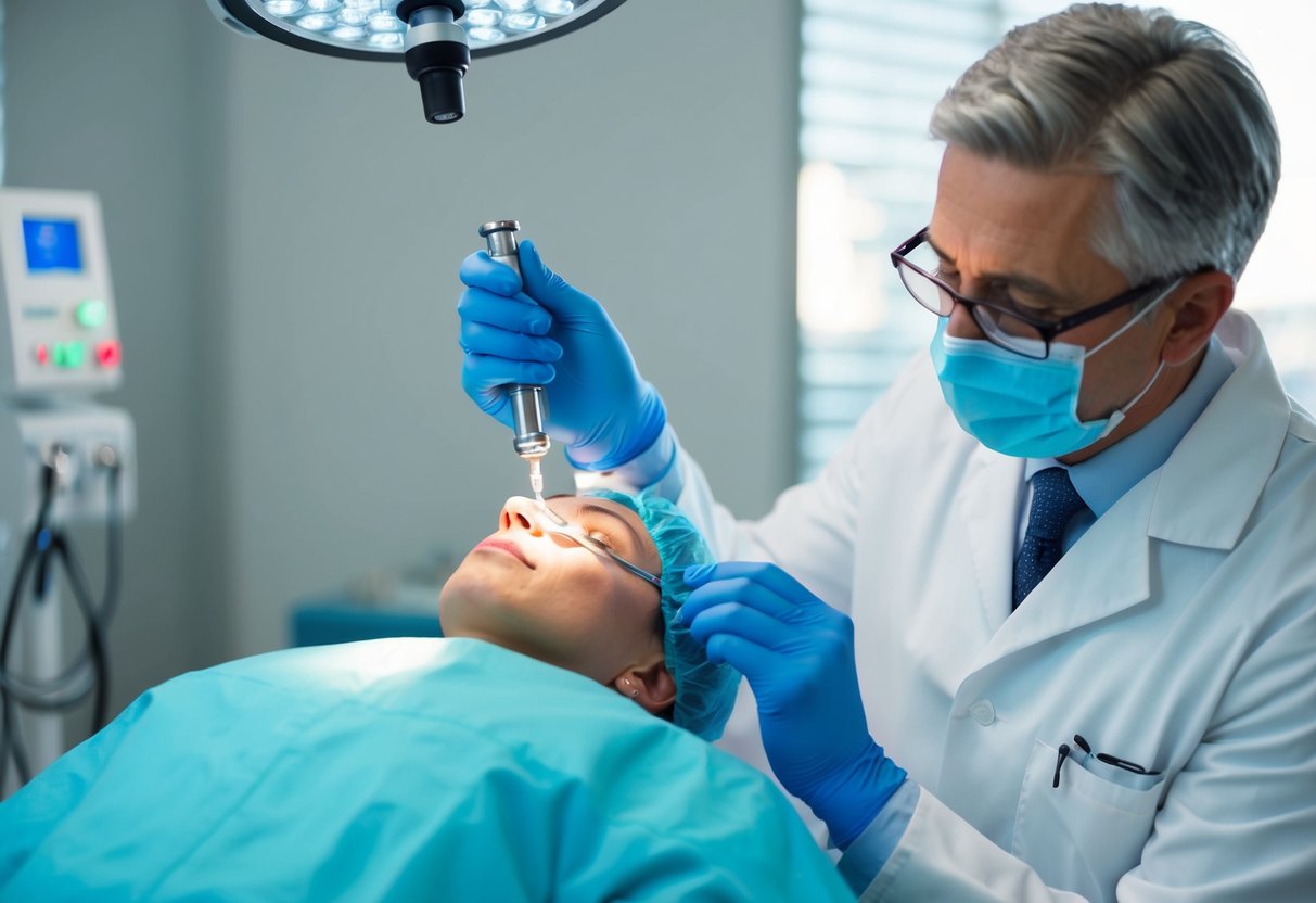 A doctor performing a minimally invasive procedure to treat a bulging disc or herniated disc using specialized medical equipment