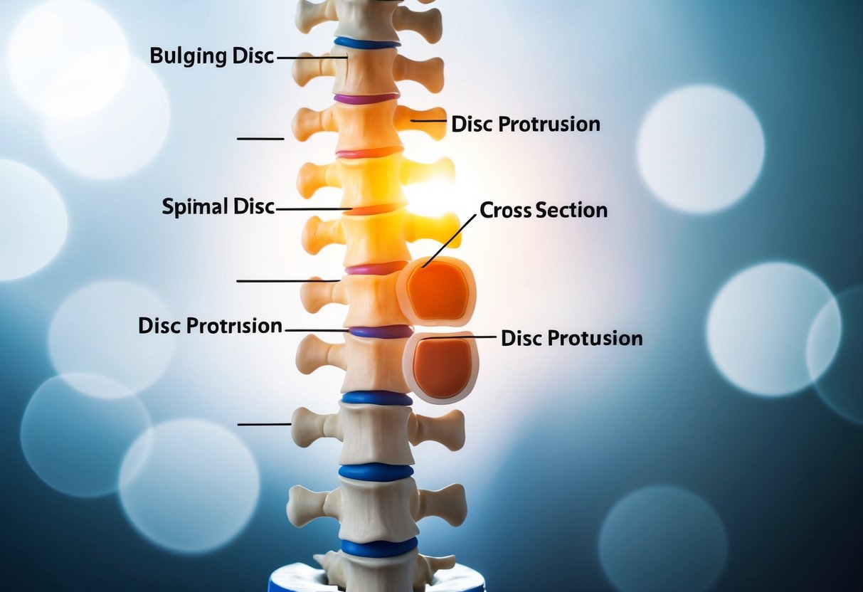 A cross-section of the spinal column with a bulging disc and a disc protrusion clearly labeled and highlighted