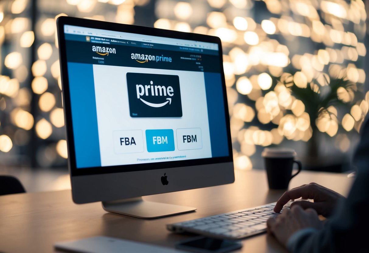 A computer screen displaying Amazon Prime and the Buy Box, with FBA and FBM options highlighted