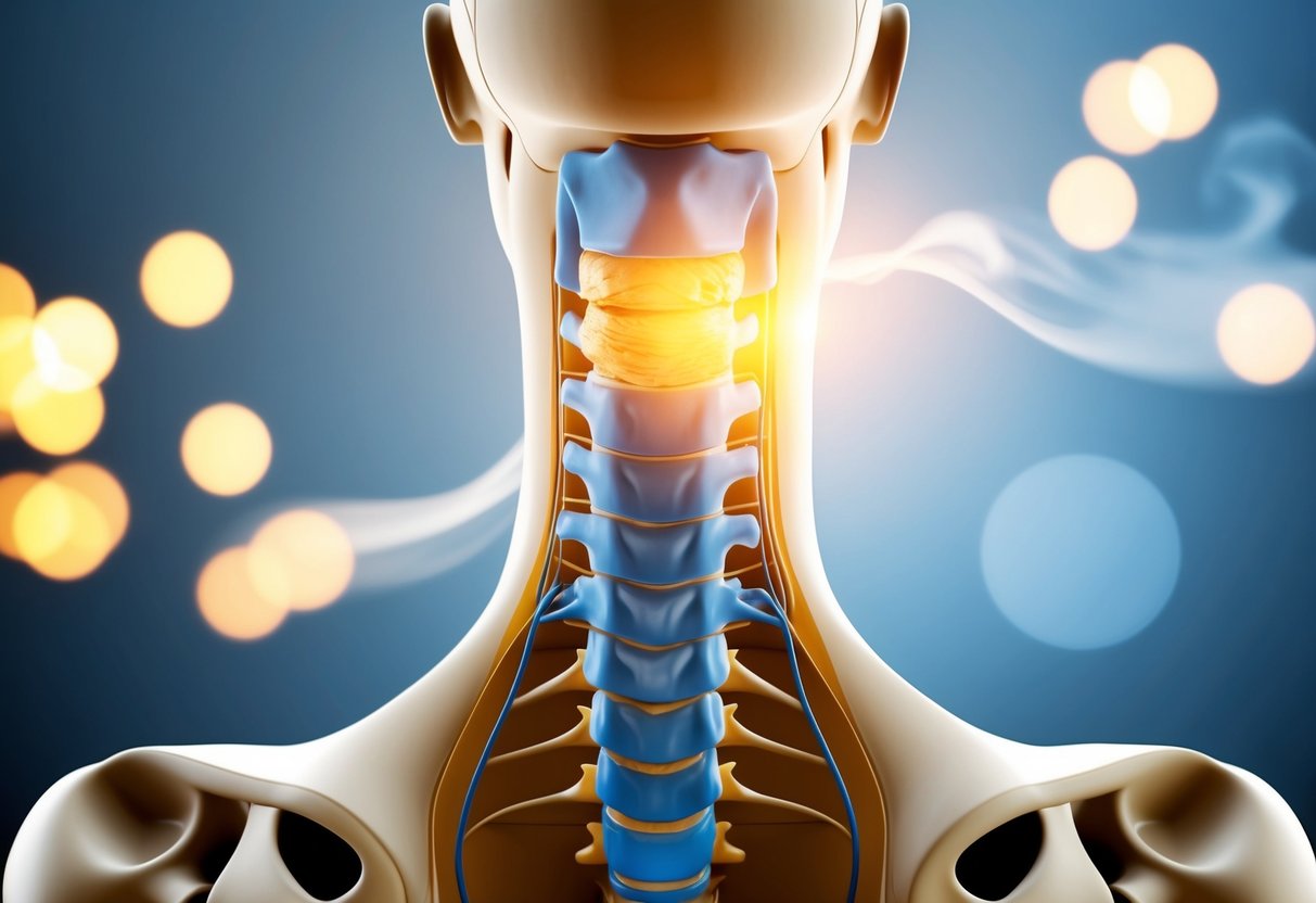 A cross-section view of the cervical spine with a clear distinction between a bulging disc and a herniated disc, showing the compression of nerves