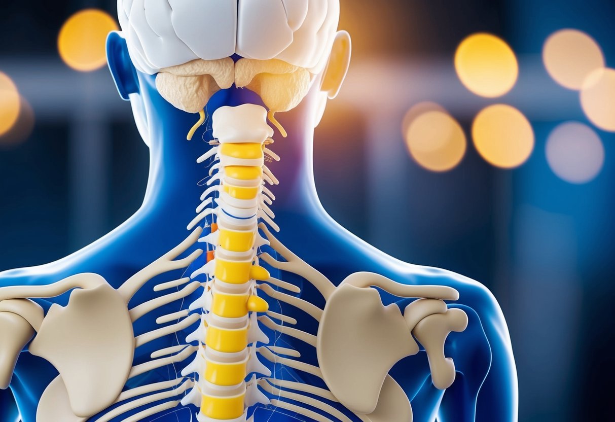 A medical diagram showing the anatomy of the neck, with a focus on the spinal discs. The bulging and herniated discs are highlighted for comparison