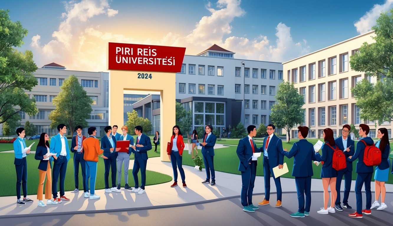 "Piri Reis Üniversitesi" ismini taşıyan belirgin bir tabela ile bir üniversite kampüsü ve 2024 yılı için harç ücretleri ve burslar hakkında tartışan öğrencilerin toplandığı bir alan.