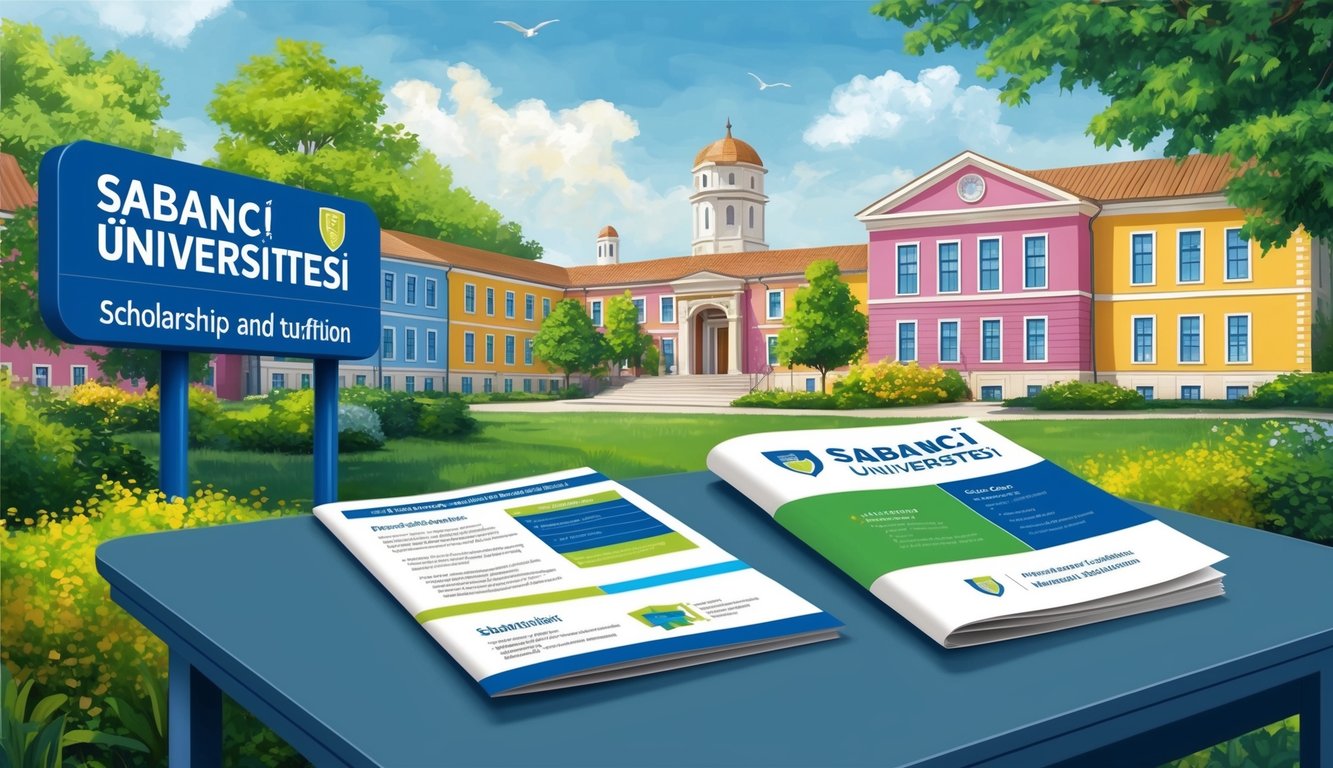 Sahne, renkli binalar ve yeşilliklerle dolu bir üniversite kampüsünü tasvir ediyor, öne çıkan bir tabela "Sabancı Üniversitesi" yazısını gösteriyor. Burs ve öğrenim ücreti bilgileri bir masada bulunan bir broşürde yer alıyor.
